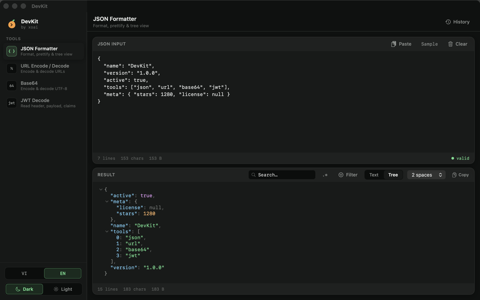 DevKit JSON Formatter showing a collapsible JSON tree